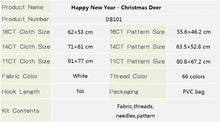 Load image into Gallery viewer, Product details table for &#39;Happy New Year - Christmas Deer&#39; embroidery kit including size, fabric color, thread color, hook length, and packaging.
