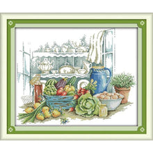 Load image into Gallery viewer, Cross-stitched pattern of a kitchen scene with fruits, vegetables, and kitchenware.
