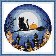 Load image into Gallery viewer, Halloween Black Cat Cross Stitch Kit - Spooky Stamped Aida Embroidery Set | Joy Sunday - AIMDIY
