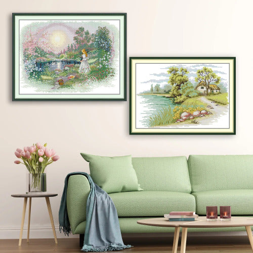 Handmade lakeside landscape cross stitch framed wall decoration