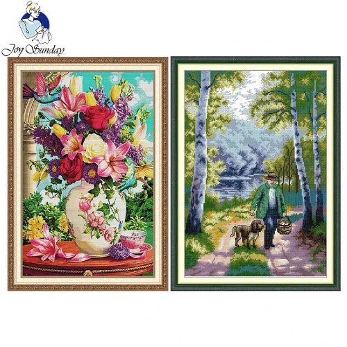 Two framed artworks: one with flowers and another with a man and dog in a forest, on a white background.