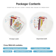 Load image into Gallery viewer, Cross stitch kit contents including printed and unprinted cloth, thread, needle, paper blueprint, and English instruction on a white background.

