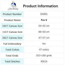 Load image into Gallery viewer, Product information table for a canvas with dimensions and embroidery details.
