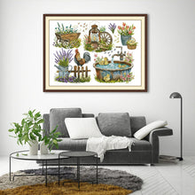 Load image into Gallery viewer, Garden Accessories Cross Stitch Displayed as Home Décor
