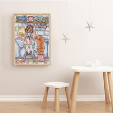 Load image into Gallery viewer, Finished girl and kitten pie-making scene cross stitch
