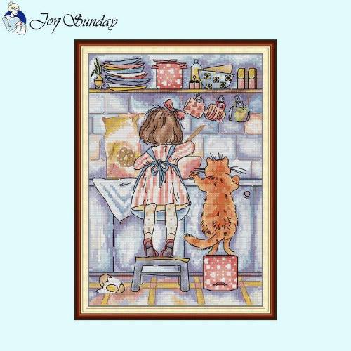 Girl and kitten making pie DIY cross stitch kit