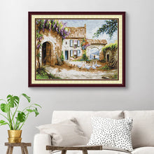 Load image into Gallery viewer, Close-up of printed fabric for DIY Homestead Landscapes cross stitch kit
