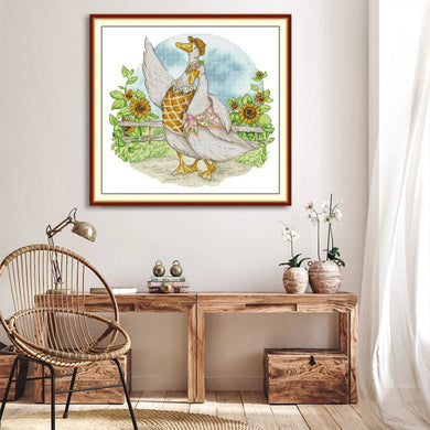 Joy Sunday Honeymoon Duck Couple cross stitch kit with printed Aida and romantic embroidery design