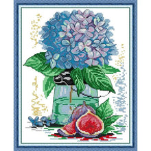 Load image into Gallery viewer, Hydrangea cross stitch Aida fabric with DMC threads
