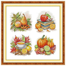 Load image into Gallery viewer, Close-up of printed fabric for The Joy of Autumn cross stitch kit
