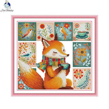 Load image into Gallery viewer, Cross-stitched design of a fox holding a cup with floral and nature-themed background
