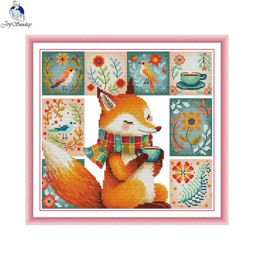 Cross-stitched design of a fox holding a cup with floral and nature-themed background