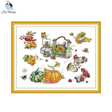 Load image into Gallery viewer, Joy Sunday Autumn Pumpkin cross stitch kit with printed Aida fabric and DMC threads for fall home decoration
