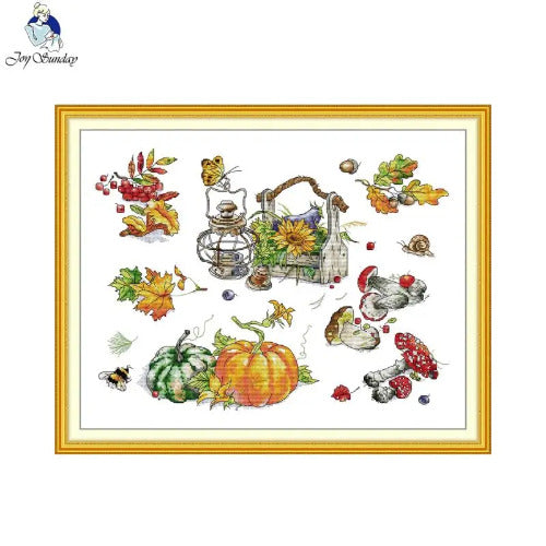 Joy Sunday Autumn Pumpkin cross stitch kit with printed Aida fabric and DMC threads for fall home decoration