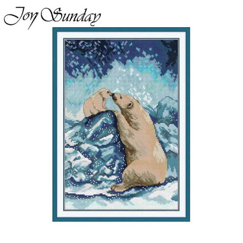 Cross-stitched design of two polar bears on a snowy landscape with 'Joy Sunday' branding.