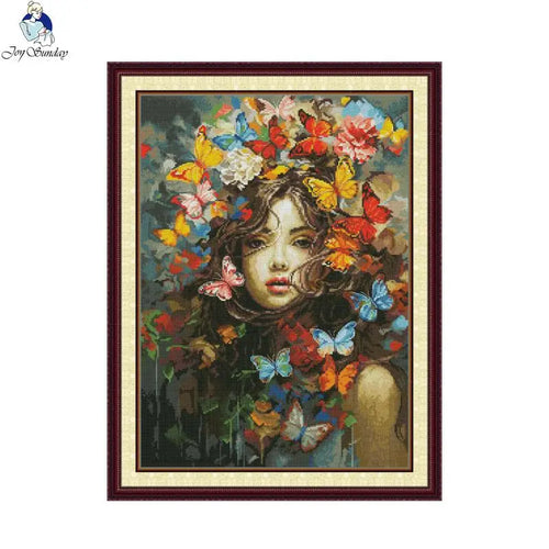 Framed artwork of a girl with butterflies and flowers