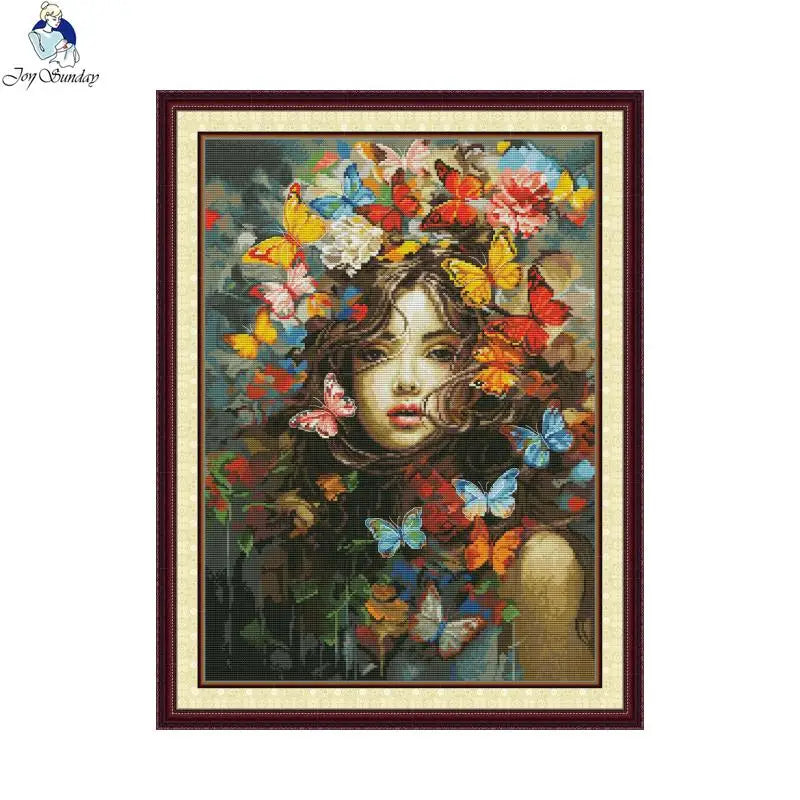 Framed artwork of a girl with butterflies and flowers