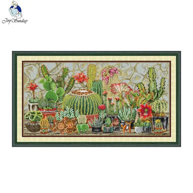 Joy Sunday cactus cross stitch kit with printed or counted Aida fabric and DMC threads for hand embroidery