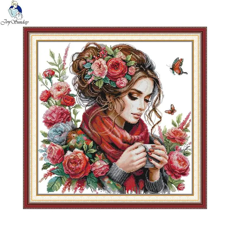 Cross-stitch pattern with a woman holding a cup, surrounded by flowers and butterflies.