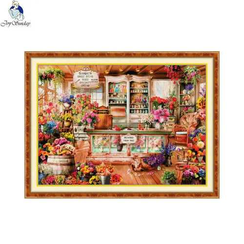 Colorful illustration of a flower shop interior with various flowers and a wooden counter.