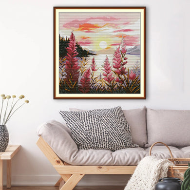 Joy Sunday sunset landscape cross stitch kit with printed Aida fabric and embroidery threads for DIY handmade home decor