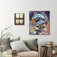 Load image into Gallery viewer, Finished Marine Dolphin Cross Stitch Artwork Framed as Wall Decoration
