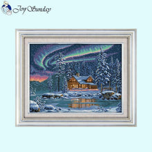Load image into Gallery viewer, Main view of Northern Lights scenic cross stitch kit
