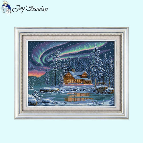 Main view of Northern Lights scenic cross stitch kit