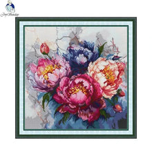 Load image into Gallery viewer, Floral cross-stitch pattern with colorful flowers on a white background

