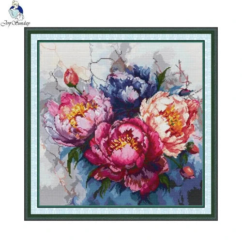 Floral cross-stitch pattern with colorful flowers on a white background