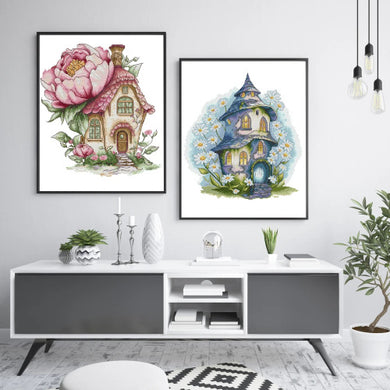 Joy Sunday Peony Daisy Cottage cross stitch kit with printed Aida and floral countryside embroidery pattern