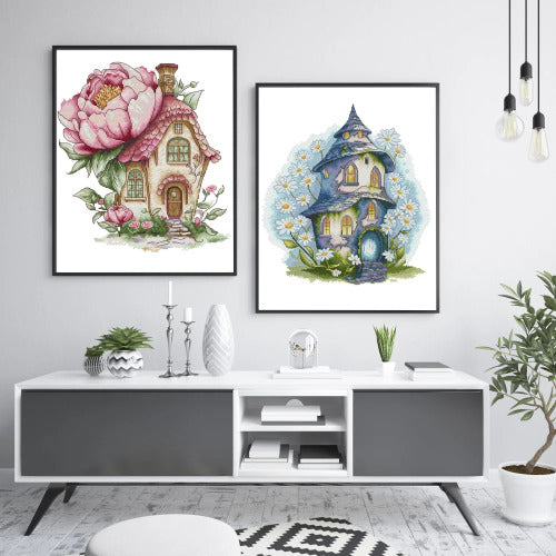 Joy Sunday Peony Daisy Cottage cross stitch kit with printed Aida and floral countryside embroidery pattern