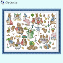 Load image into Gallery viewer, peter-rabbit-cross-stitch-kit-materials-unboxed.jpg
