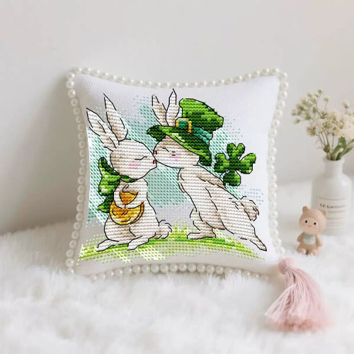 Rabbit luck pin cushion cross stitch kit front view Joy Sunday