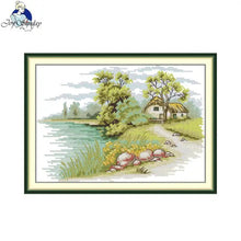 Load image into Gallery viewer, Cross-stitched landscape with a house, trees, and lake on a white background
