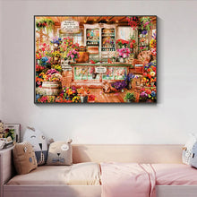 Load image into Gallery viewer, Colorful painting of a grocery store interior on a wall above a bed.
