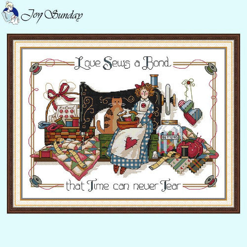 Sewing machine and doll cartoon cross stitch kit main image