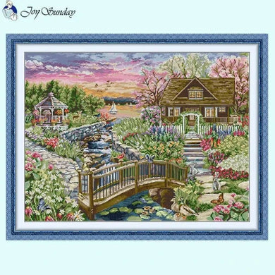 Complete DIY embroidery kit including threads, needles, and pattern for spring lake cross stitch.