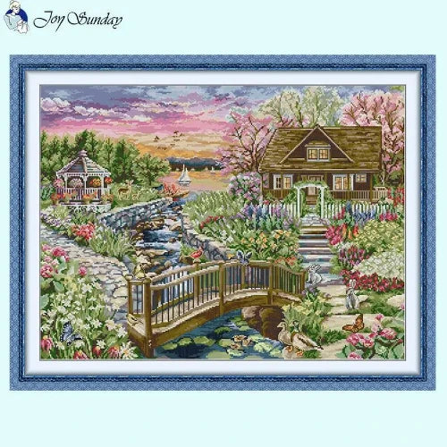 Complete DIY embroidery kit including threads, needles, and pattern for spring lake cross stitch.
