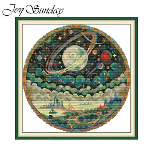 Cross-stitched design of a celestial scene with planets and stars, framed by 'Joy Sunday'.