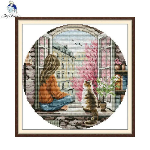 Joy Sunday Spring Window cross stitch kit with printed Aida and floral embroidery pattern