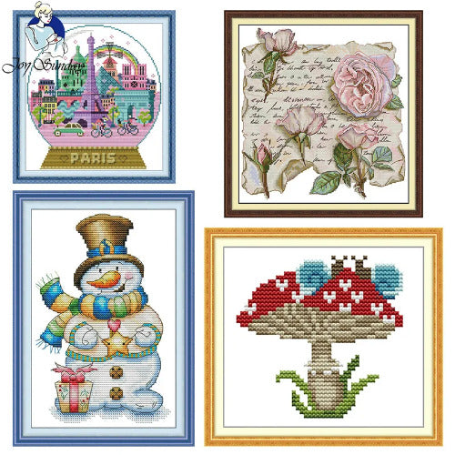 Four cross-stitch patterns featuring a snowman, mushrooms, roses, and a Paris-themed design.