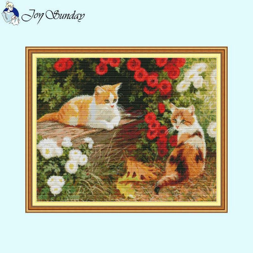 Two Kittens in the Garden Cross Stitch Kit – beginner DIY embroidery from AIMDIY