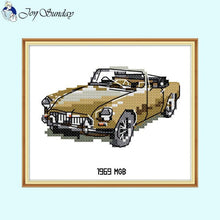 Load image into Gallery viewer, Cross-stitched model of a 1969 MGB car with &#39;Joy Sunday&#39; branding.
