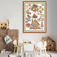 Load image into Gallery viewer, Children&#39;s playroom with a Christmas-themed wall art above a wooden table and chairs.
