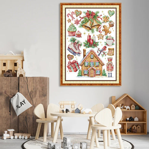 Children's playroom with a Christmas-themed wall art above a wooden table and chairs.