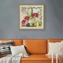 Load image into Gallery viewer, White wine cross stitch kit with counted Aida fabric, still life embroidery design for kitchen or home bar decor
