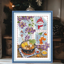 Load image into Gallery viewer, Cross-stitched design with a snowman, flowers, and a hot pot on a white background.
