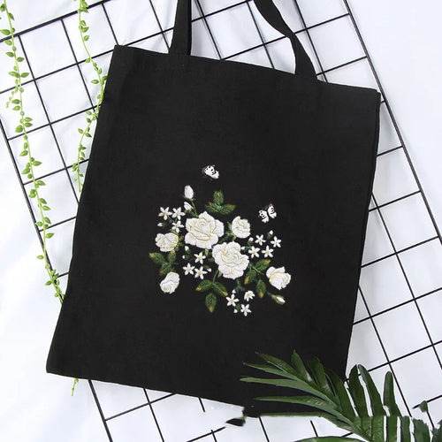 Embroidery Canvas Bag Kit DIY Adult Handmade Beginner Material Bag White Rose - AIMDIY